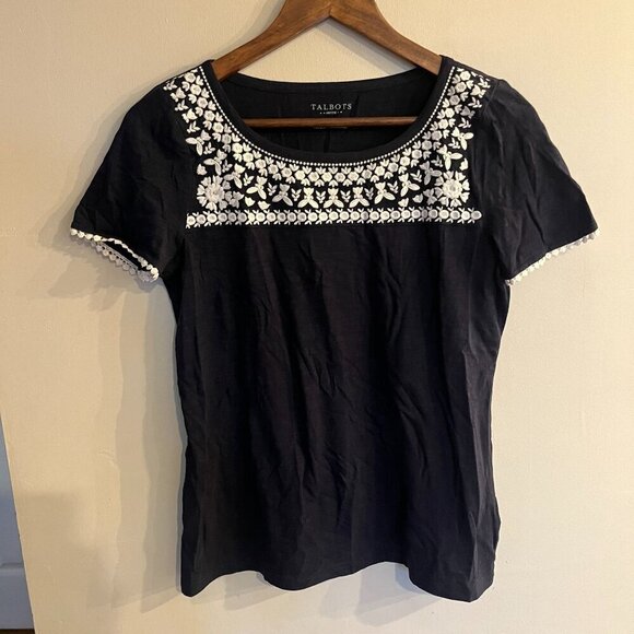 TALBOTS Women's Navy Blue Embroidered Detail Short Sleeve Tee Size S Petite - Picture 1 of 5